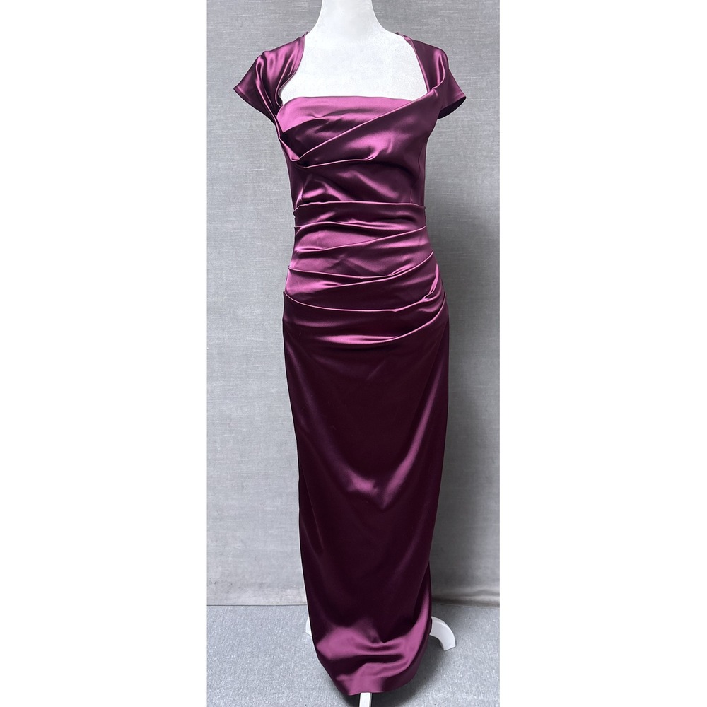 Talbot Runhof Gown 4 Purple Ruched Satin Portrait Neckline Formal Evening Sheath